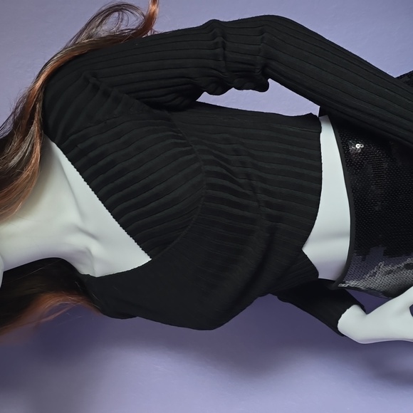 CROPPED TOP RIBBED V NECK OPEN WRAP LONG SLEEVES PULLOVER SEXY STRETCH SMALL - Picture 2 of 3